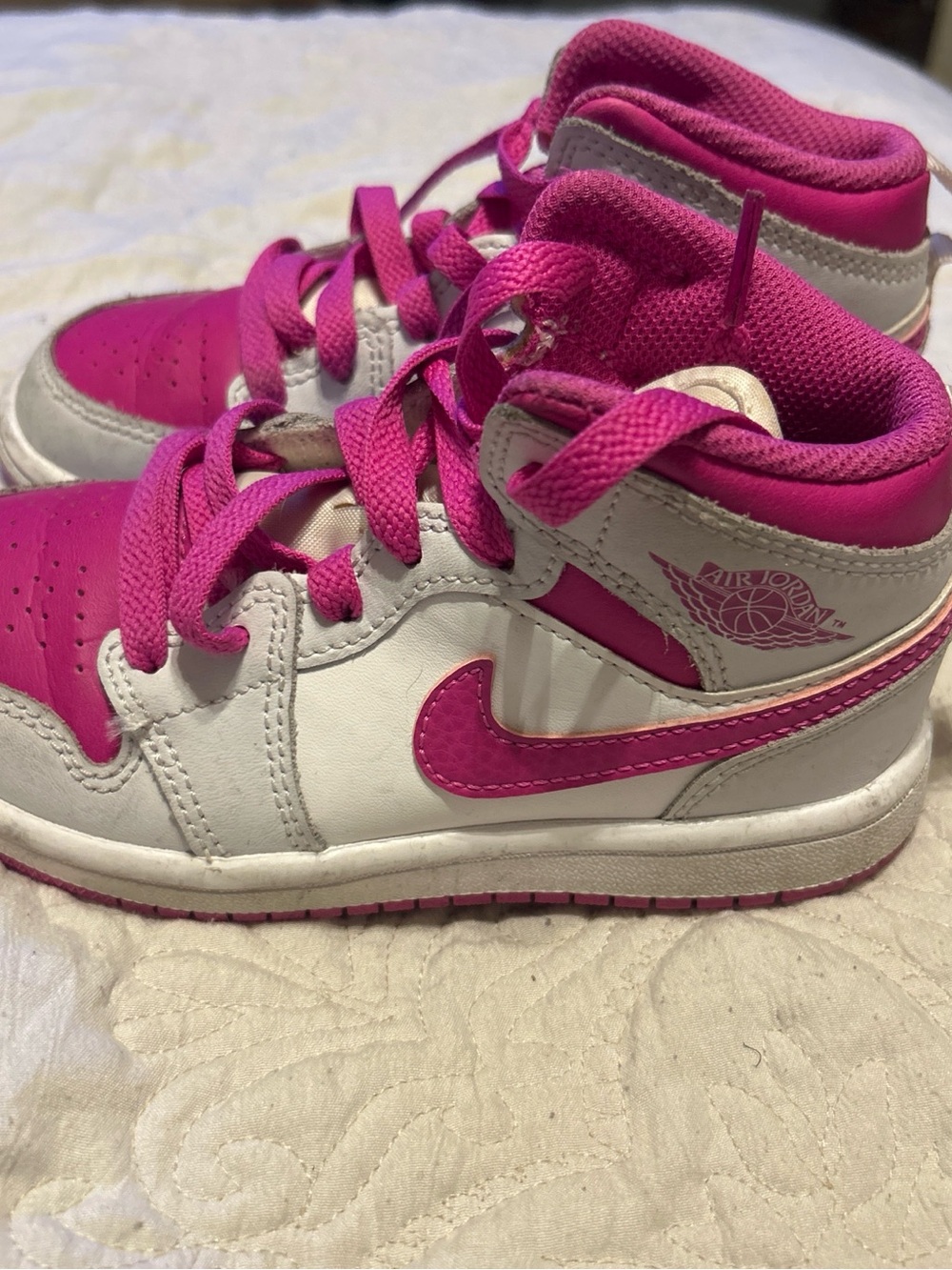 Jordan Kids White and Hot Pink Mid-Top Sneakers 11c need quick wipe down
